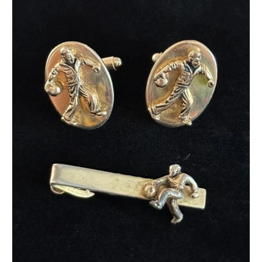Vintage Shields Gold Tone Bowling Bowler Cufflinks & Tie Clip